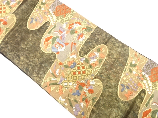 流水に鶴・花模様織り出し　袋帯